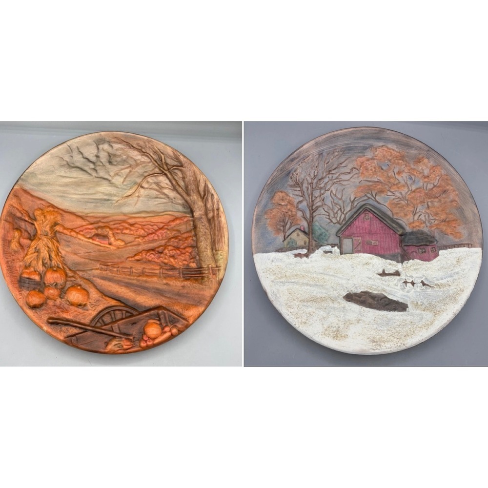 Vtg‎ 2 Pc Byron Mold Seasons Fall Hand Painted 3D Autumn Winter Scene Wall Decor